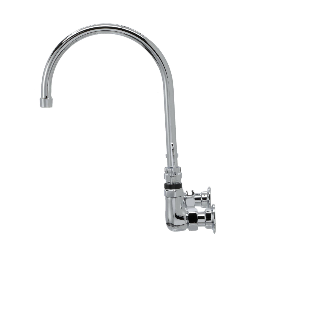 Encore® 8" OC. Brass Chrome Plated Wall Mount Faucet Ceramic Valves with 8" Rigid Gooseneck Spout 4" Wrist Blade Handles