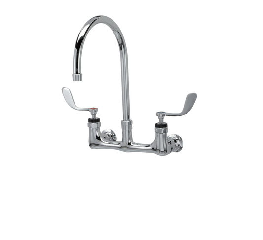 Encore® 8" OC. Brass Chrome Plated Wall Mount Faucet Ceramic Valves with 8" Rigid Gooseneck Spout 4" Wrist Blade Handles