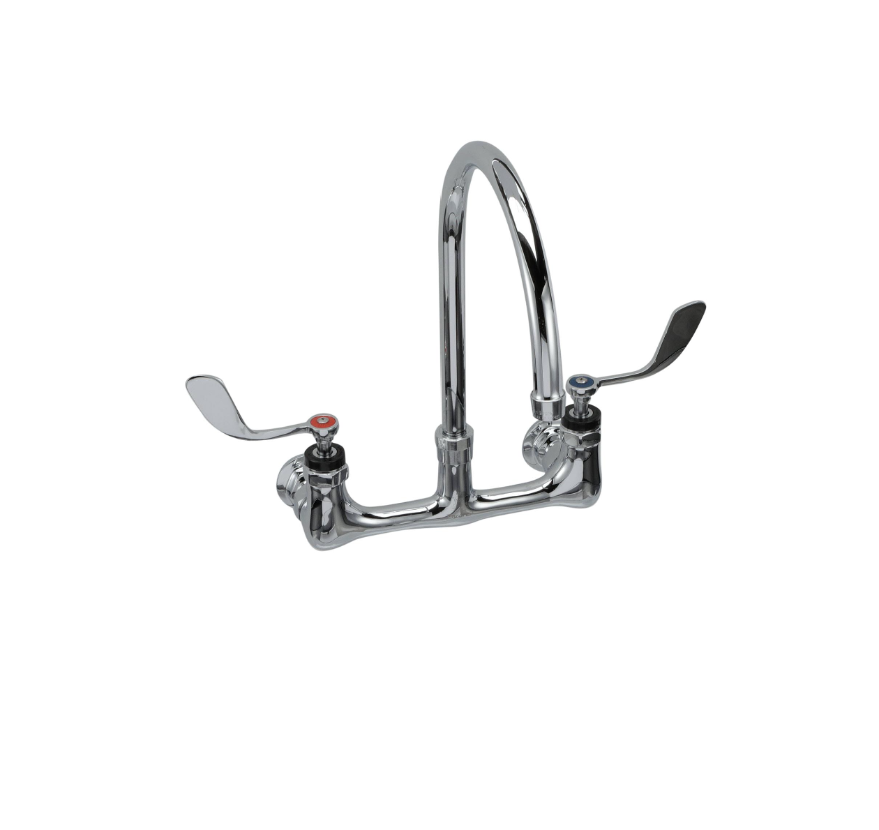 Encore® 8" OC. Brass Chrome Plated Wall Mount Faucet Ceramic Valves with 8" Rigid Gooseneck Spout 4" Wrist Blade Handles