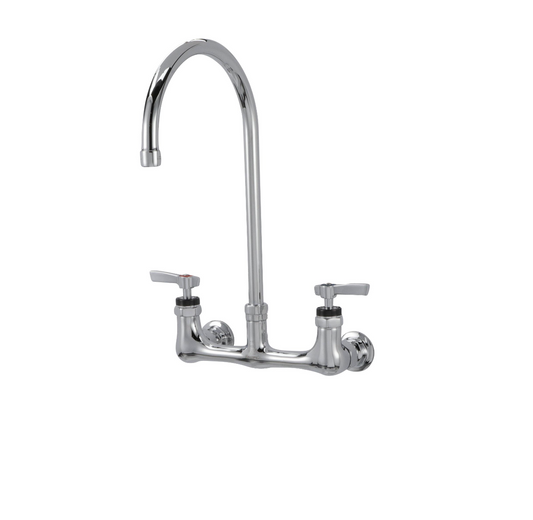 Encore® 8" OC. Brass Chrome Plated Wall Mount Faucet Ceramic Valves with 8" Swivel Gooseneck Spout