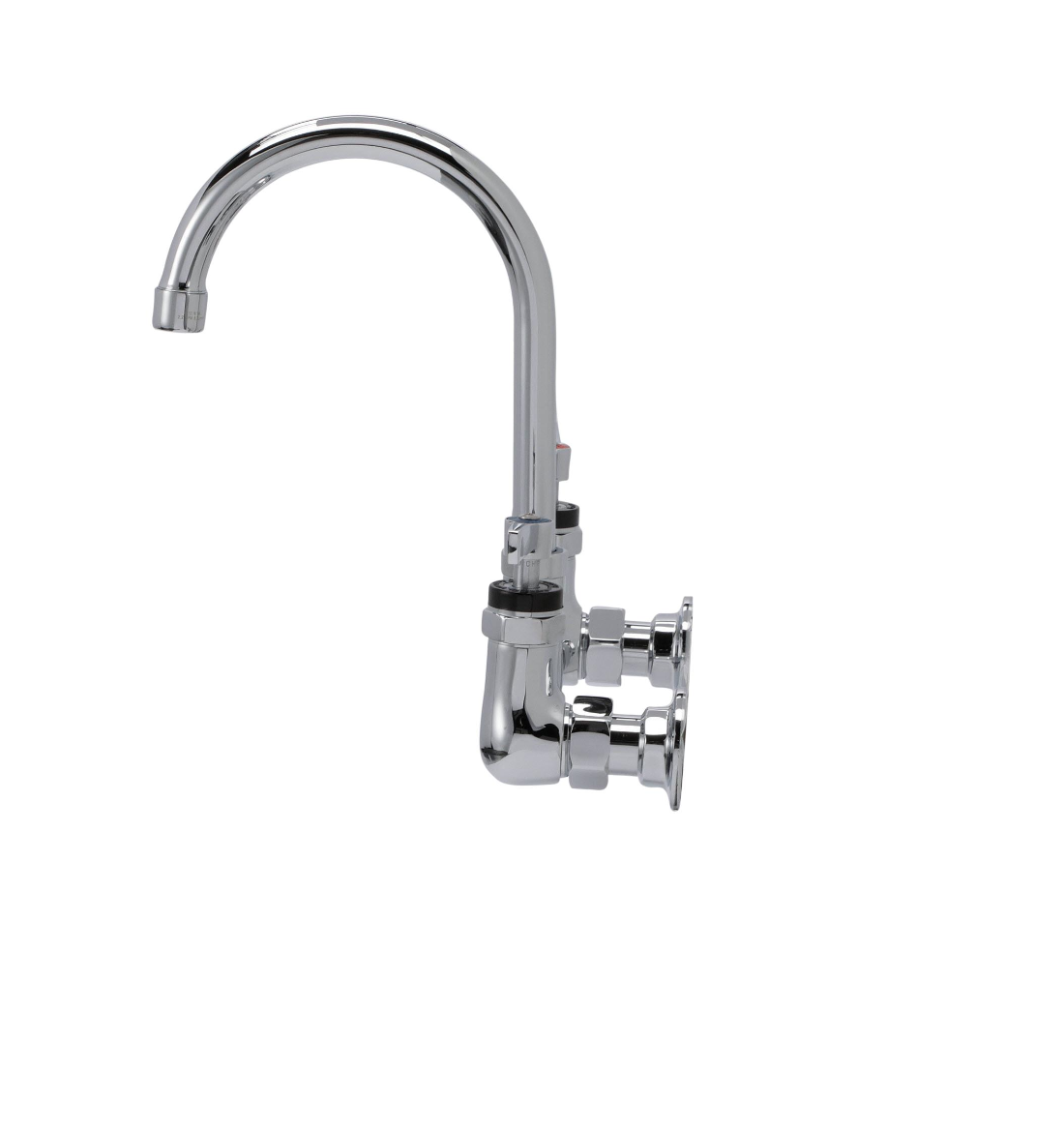 Encore® 8" OC. Brass Chrome Plated Wall Mount Faucet Ceramic Valves with 6" Swivel Gooseneck Spout