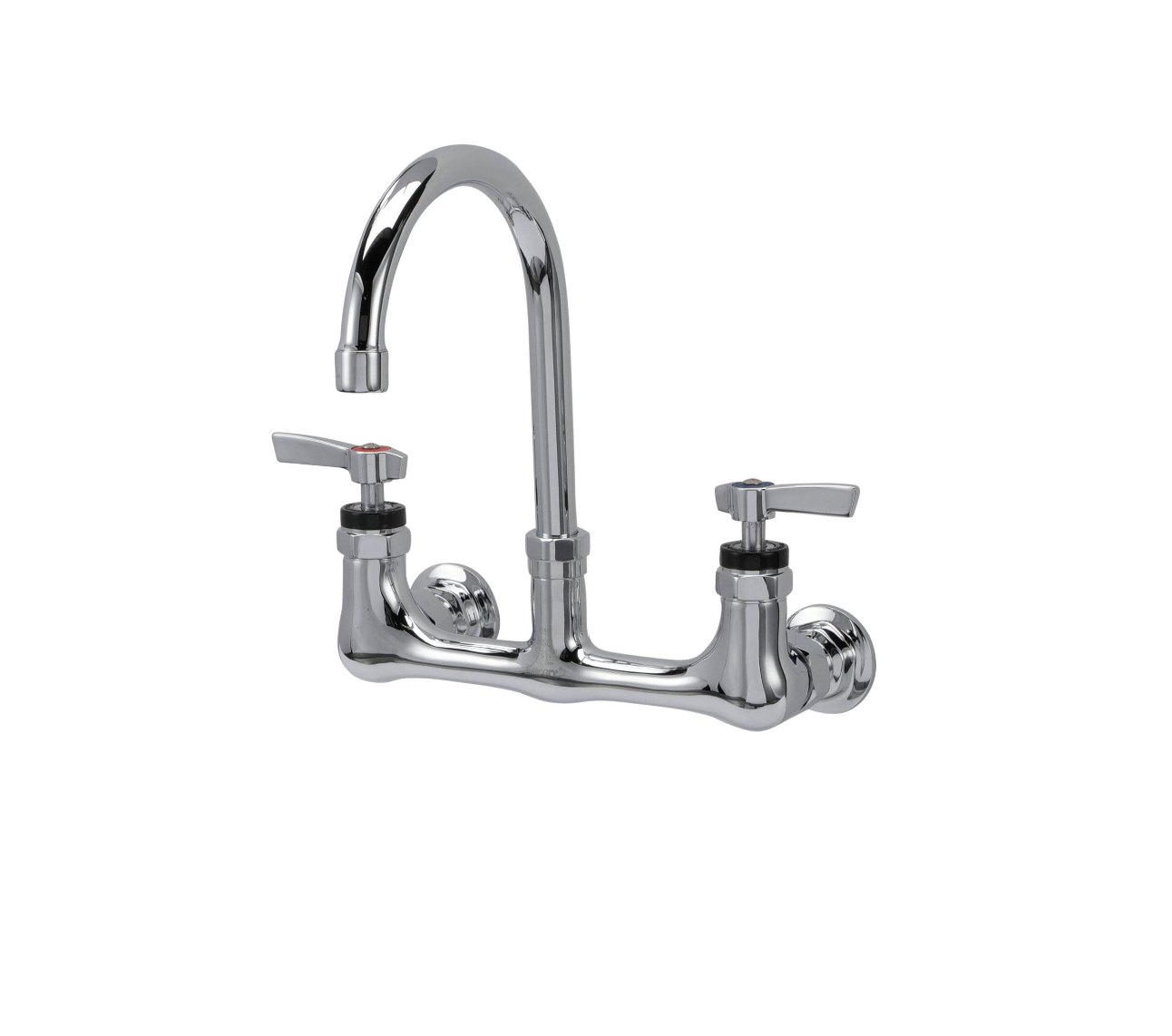 Encore® 8" OC. Brass Chrome Plated Wall Mount Faucet Ceramic Valves with 6" Swivel Gooseneck Spout