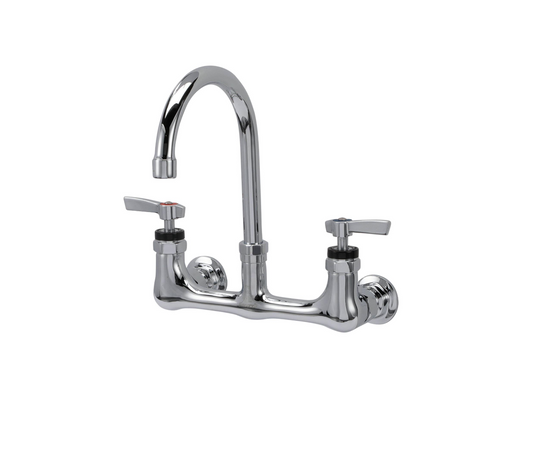 Encore® 8" OC. Brass Chrome Plated Wall Mount Faucet Ceramic Valves with 6" Swivel Gooseneck Spout
