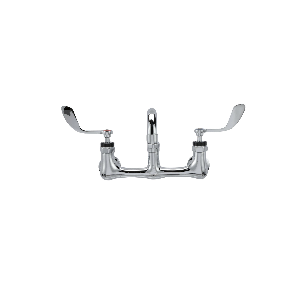 Encore® 8" OC. Brass Chrome Plated Wall Mount Faucet Ceramic Valves with 8" Swivel Spout, 4" Wrist Blade Handles
