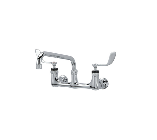 Encore® 8" OC. Brass Chrome Plated Wall Mount Faucet Ceramic Valves with 8" Swivel Spout, 4" Wrist Blade Handles