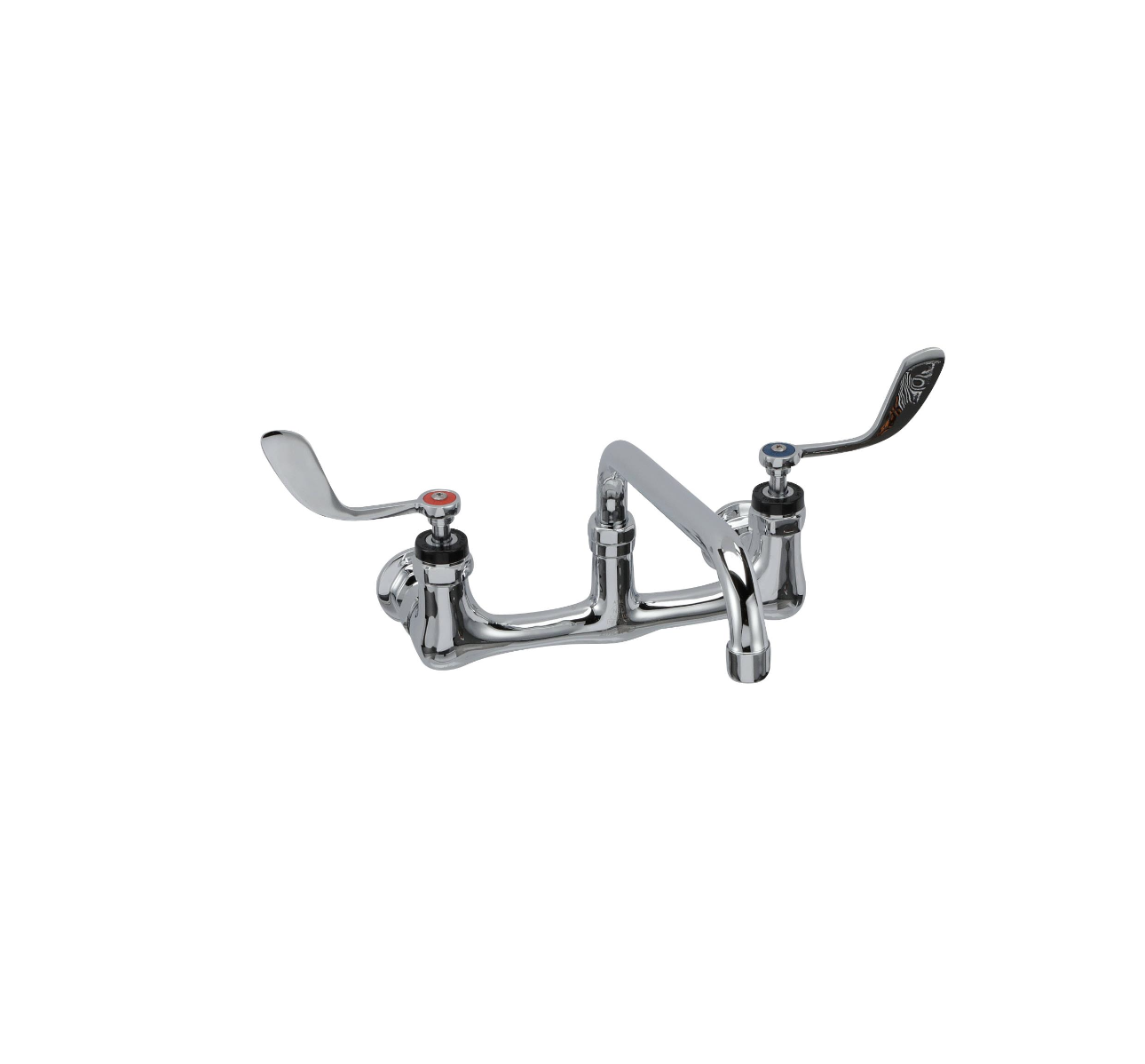 Encore® 8" OC. Brass Chrome Plated Wall Mount Faucet Ceramic Valves with 8" Swivel Spout, 4" Wrist Blade Handles