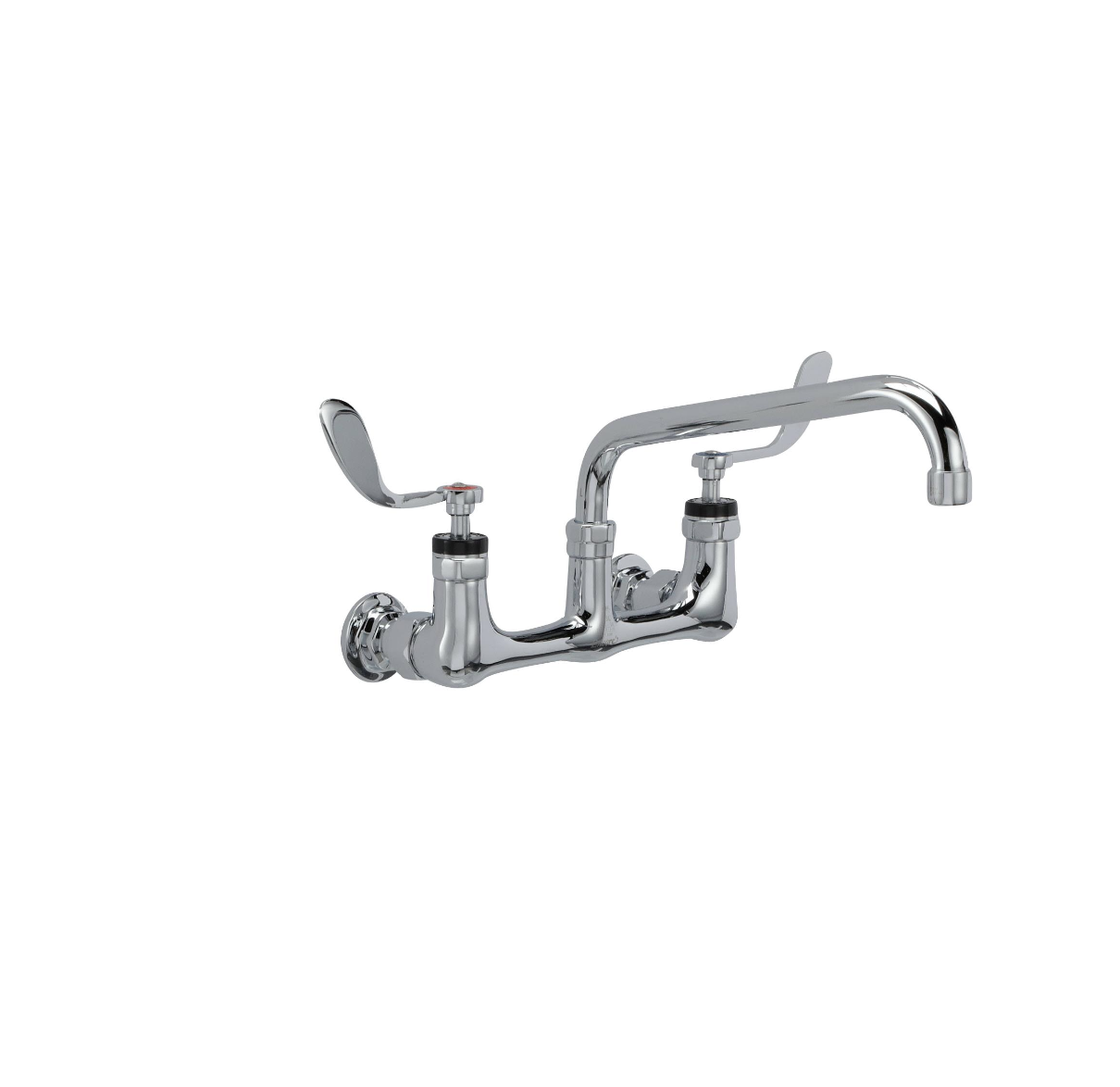 Encore® 8" OC. Brass Chrome Plated Wall Mount Faucet Ceramic Valves with 10" Swivel Spout 4" Wrist Blade Handles