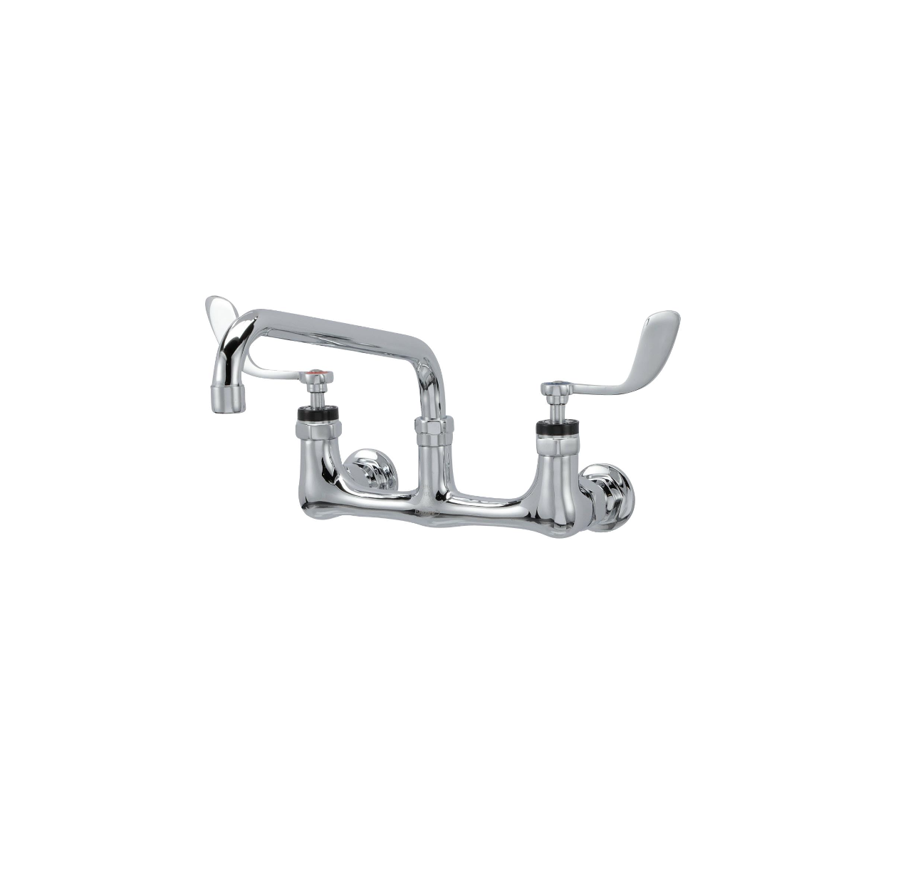 Encore® 8" OC. Brass Chrome Plated Wall Mount Faucet Ceramic Valves with 10" Swivel Spout 4" Wrist Blade Handles