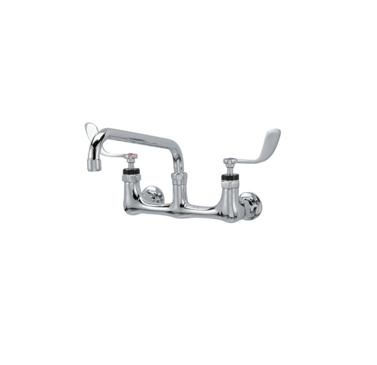 Encore® 8" OC. Brass Chrome Plated Wall Mount Faucet Ceramic Valves with 10" Swivel Spout 4" Wrist Blade Handles