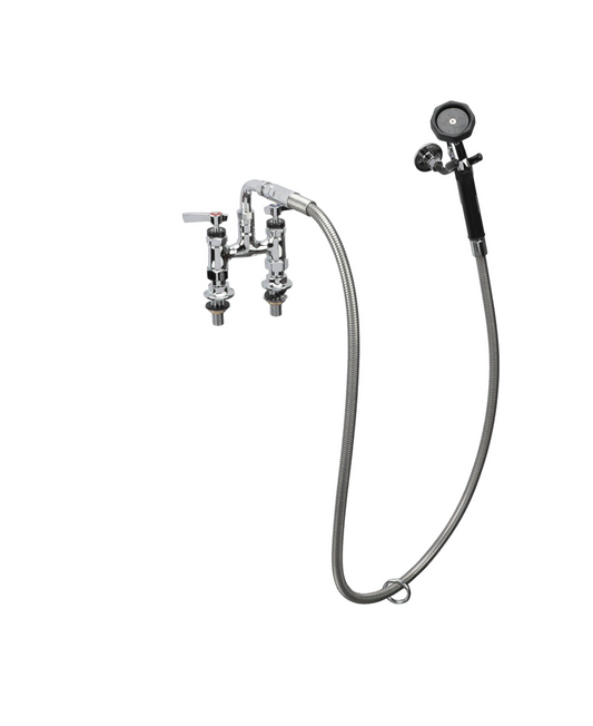Encore® 4" OC. Brass Chrome Plated Elevated Deck Mount Utility Spray Assembly Angled Spray Head and 72" Hose, Ceramic Valves