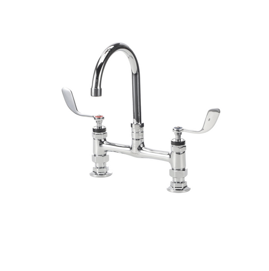 Encore® 8" OC Brass Chrome Plated Deck Mount Faucet 6" Swivel Gooseneck Spout and 4" Wrist Blade Handles