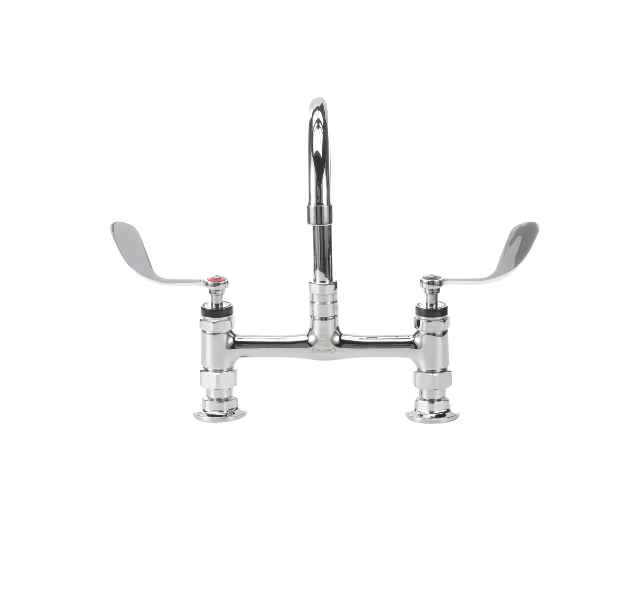 Encore® 8" OC Brass Chrome Plated Deck Mount Faucet 6" Swivel Gooseneck Spout and 4" Wrist Blade Handles