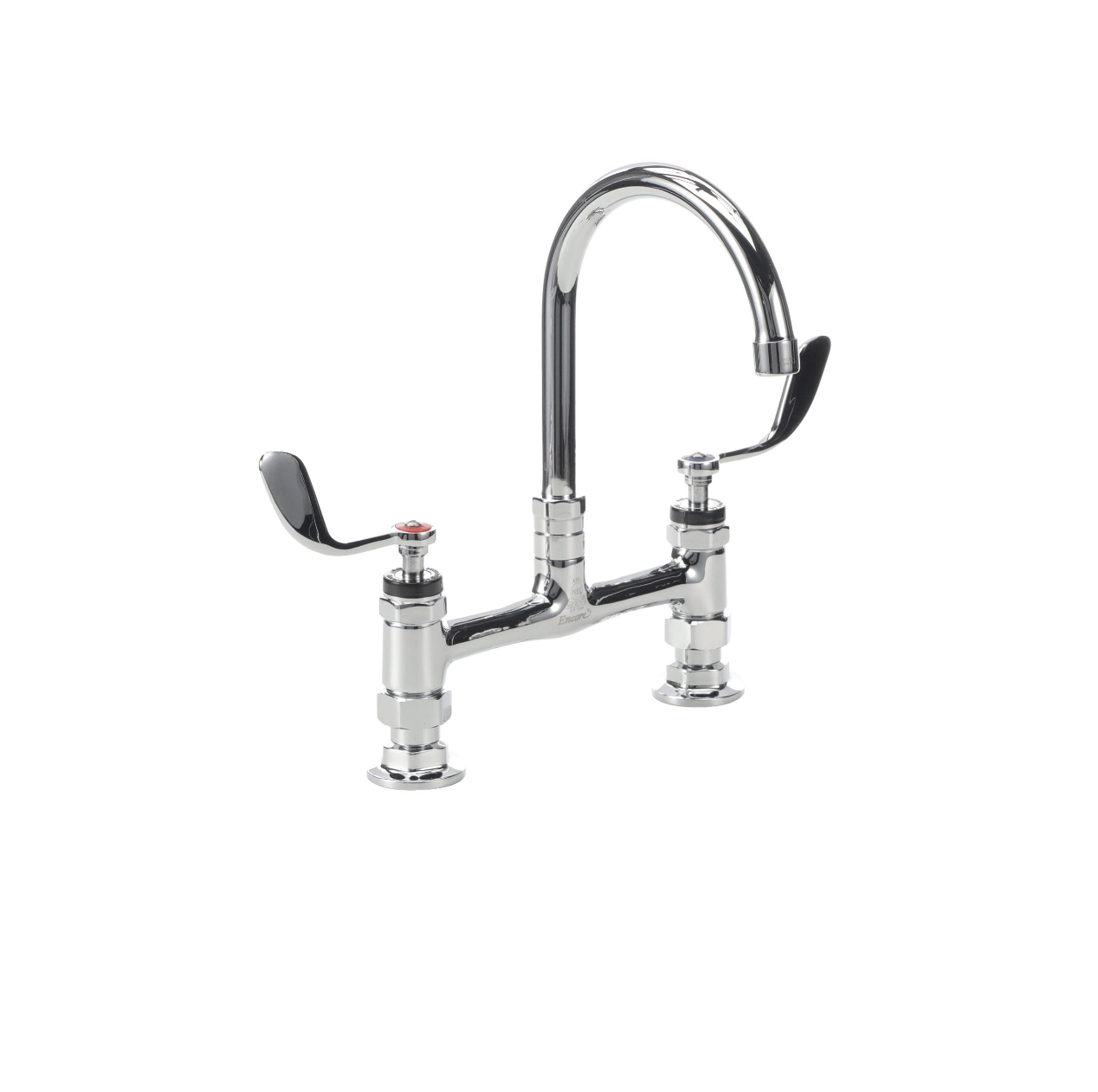 Encore® 8" OC Brass Chrome Plated Deck Mount Faucet 6" Swivel Gooseneck Spout and 4" Wrist Blade Handles