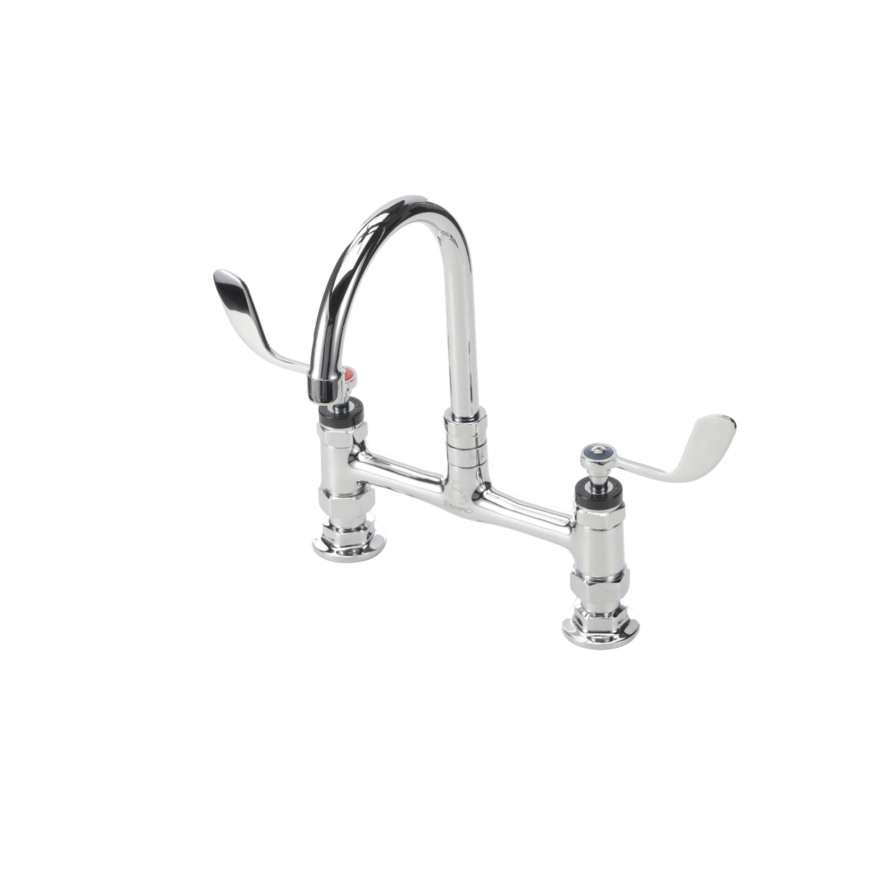 Encore® 8" OC Brass Chrome Plated Deck Mount Faucet 6" Swivel Gooseneck Spout and 4" Wrist Blade Handles