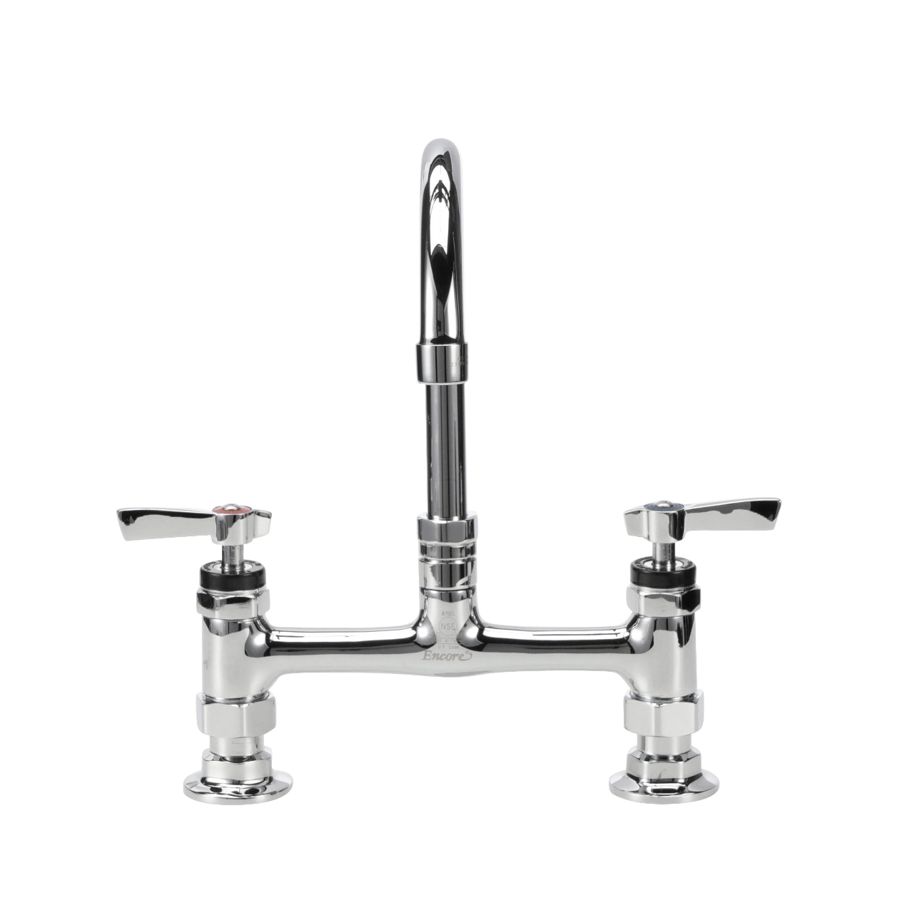 Encore® 8" OC Brass Chrome Plated Deck Mount Faucet Ceramic Valves with 6" Swivel Gooseneck Spout