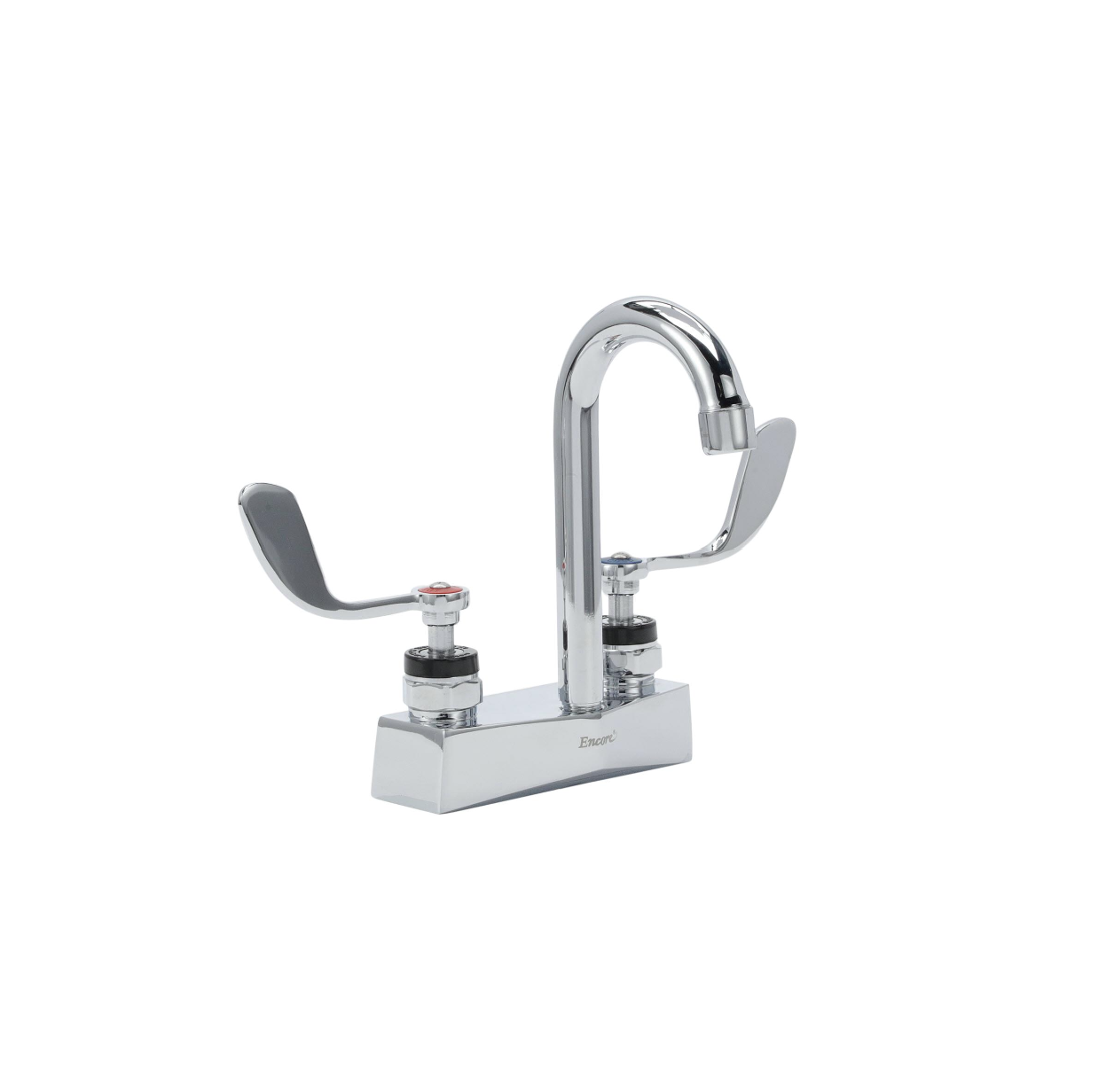 Encore® Brass Chrome Plated 4" OC Centerset Deck Mount Faucet with 3-1/2" Rigid Gooseneck Spout and 4" Wrist Blade Handles