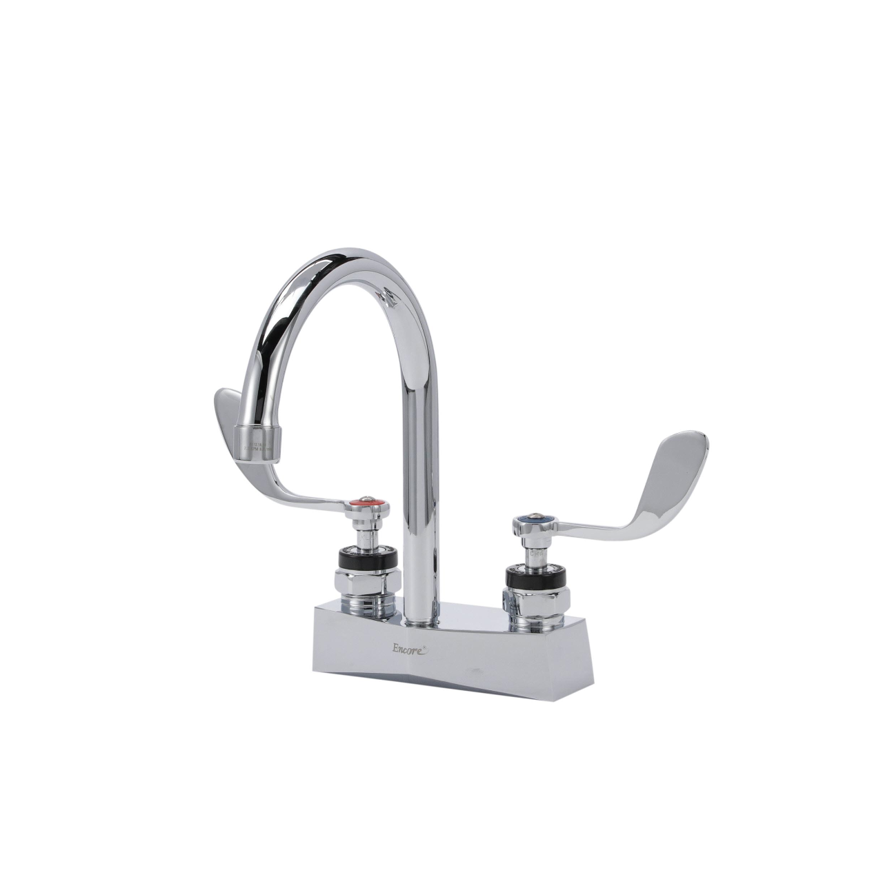 Encore® Brass Chrome Plated 4" OC Centerset Deck Mount Faucet with 6" Rigid Gooseneck Spout and 4" Wrist Blade Handles
