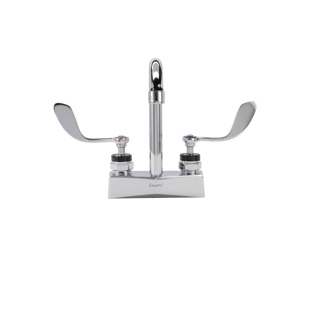 Encore® Brass Chrome Plated 4" OC Deck Mount Faucet Ceramic Valves with 3-1/2" Rigid Gooseneck Spout and 4" Wrist Blade Handles