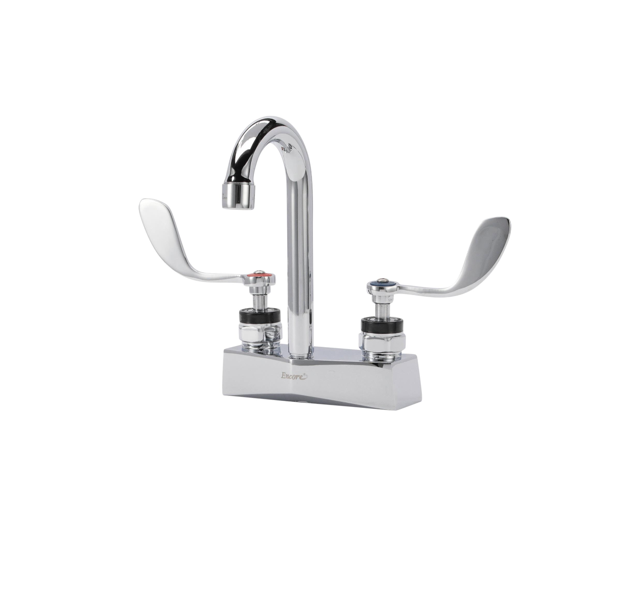 Encore® Brass Chrome Plated 4" OC Deck Mount Faucet Ceramic Valves with 3-1/2" Rigid Gooseneck Spout and 4" Wrist Blade Handles
