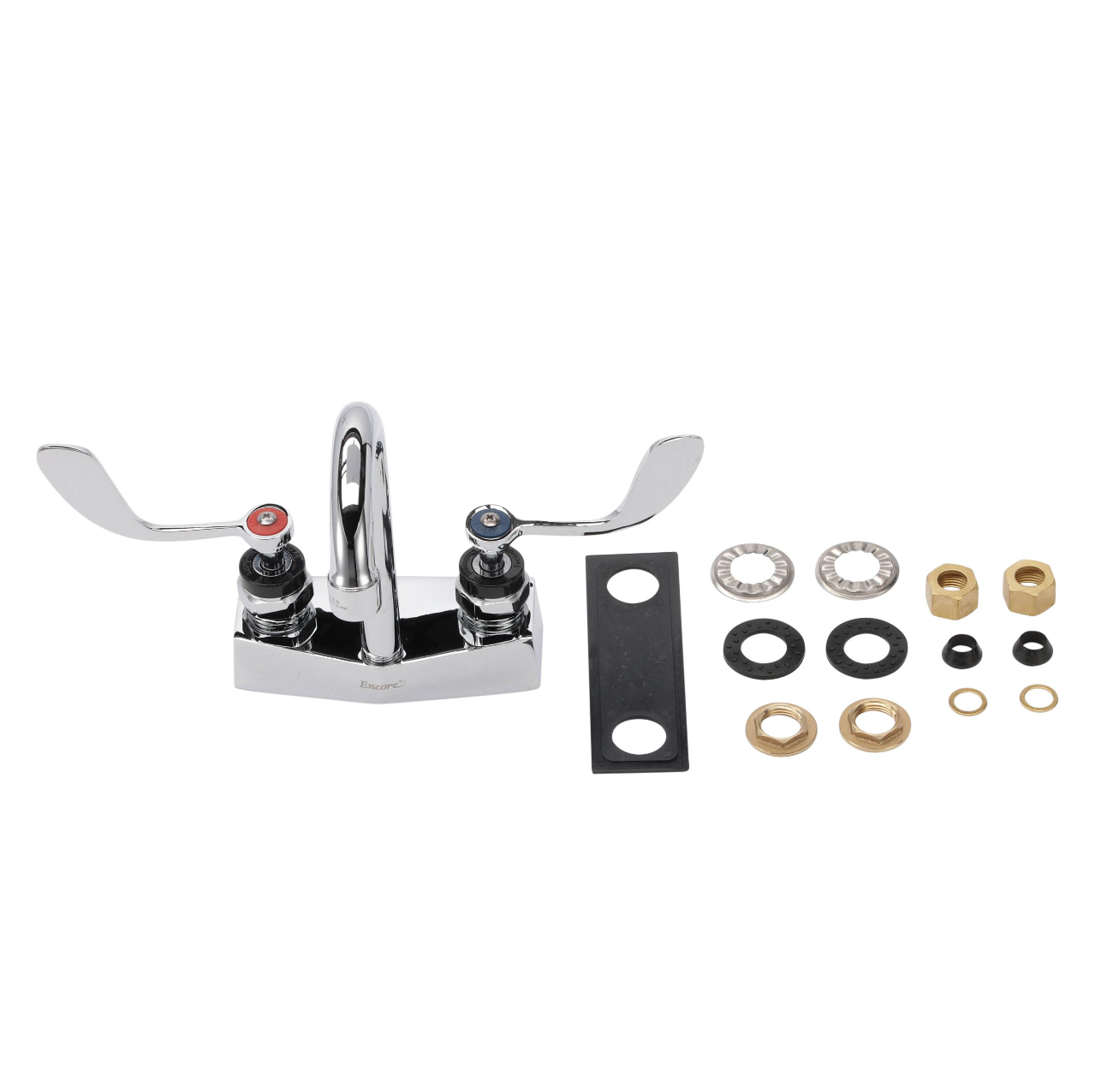Encore® Brass Chrome Plated 4" OC Deck Mount Faucet Ceramic Valves with 3-1/2" Rigid Gooseneck Spout and 4" Wrist Blade Handles