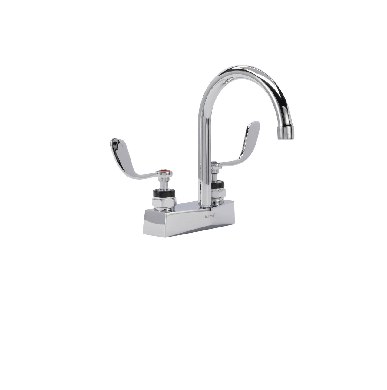 Encore® Brass Chrome Plated 4" OC Deck Mount Faucet Ceramic Valves with 6" Rigid Gooseneck Spout 4" Wrist Blade Handles
