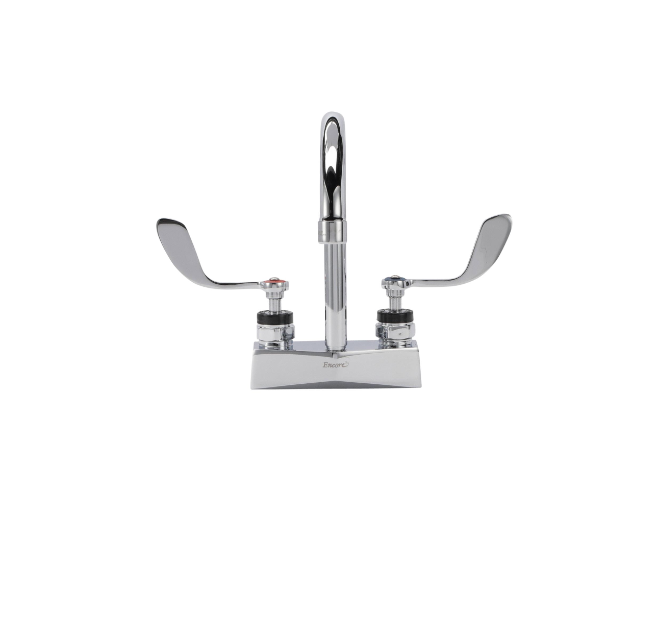 Encore® Brass Chrome Plated 4" OC Deck Mount Faucet Ceramic Valves with 6" Rigid Gooseneck Spout 4" Wrist Blade Handles