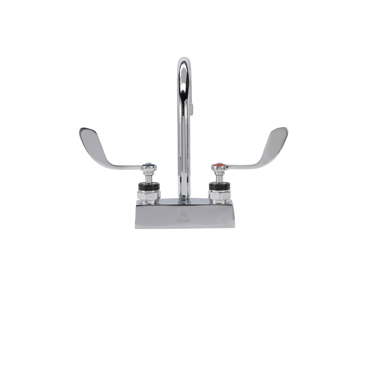 Encore® Brass Chrome Plated 4" OC Deck Mount Faucet Ceramic Valves with 6" Rigid Gooseneck Spout 4" Wrist Blade Handles