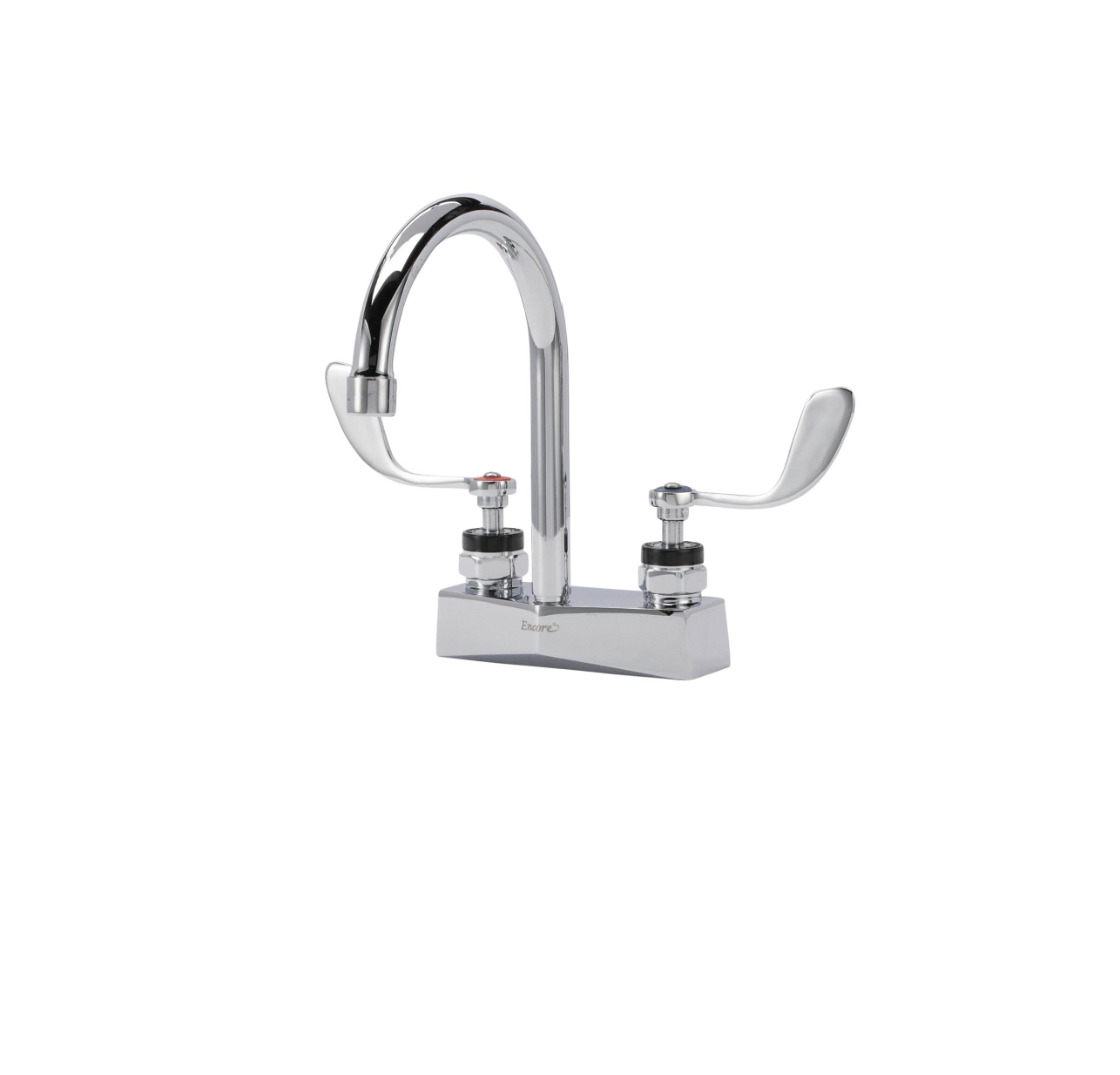 Encore® Brass Chrome Plated 4" OC Deck Mount Faucet Ceramic Valves with 6" Rigid Gooseneck Spout 4" Wrist Blade Handles