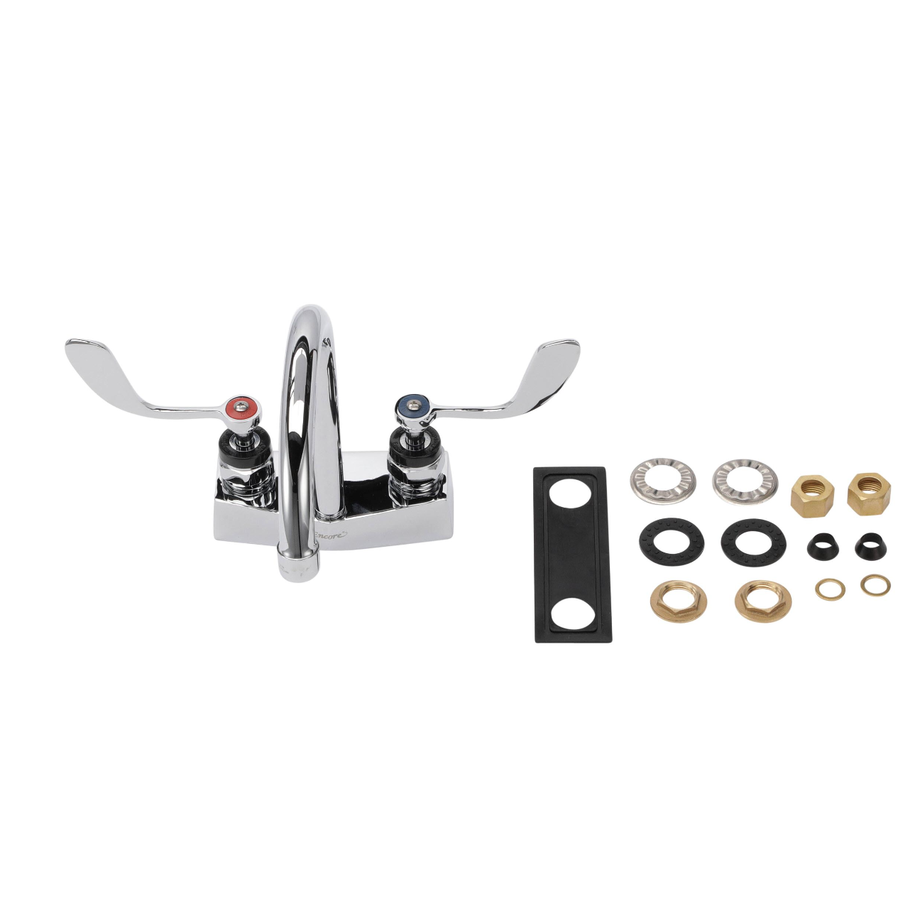 Encore® Brass Chrome Plated 4" OC Deck Mount Faucet Ceramic Valves with 6" Rigid Gooseneck Spout 4" Wrist Blade Handles