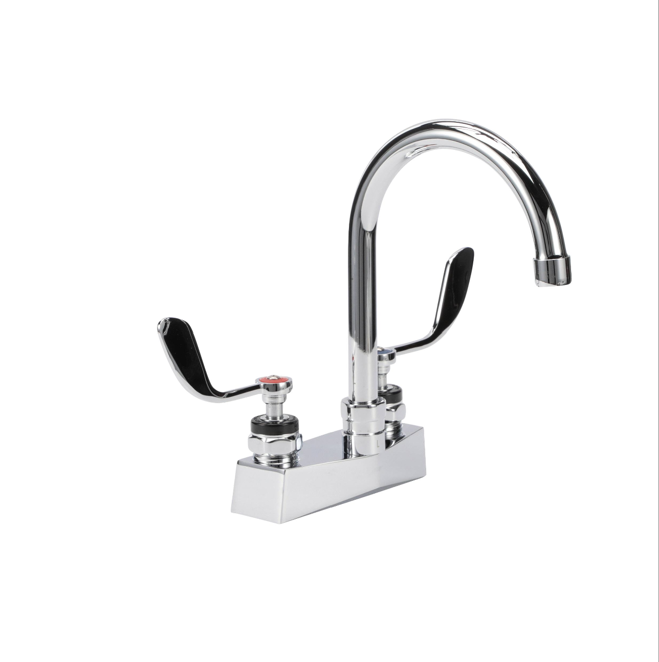 Encore® Brass Chrome Plated 4" OC Deck Mount Faucet Ceramic Valves with 6" Swivel Gooseneck Spout 4" Wrist Blade Handles