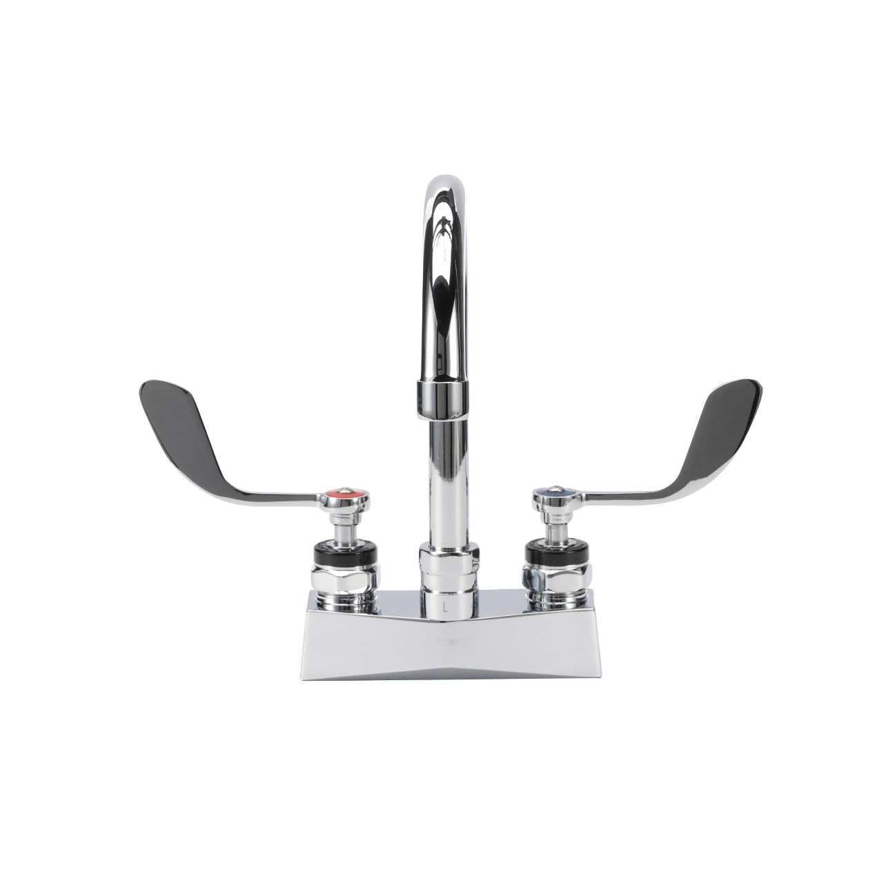 Encore® Brass Chrome Plated 4" OC Deck Mount Faucet Ceramic Valves with 6" Swivel Gooseneck Spout 4" Wrist Blade Handles