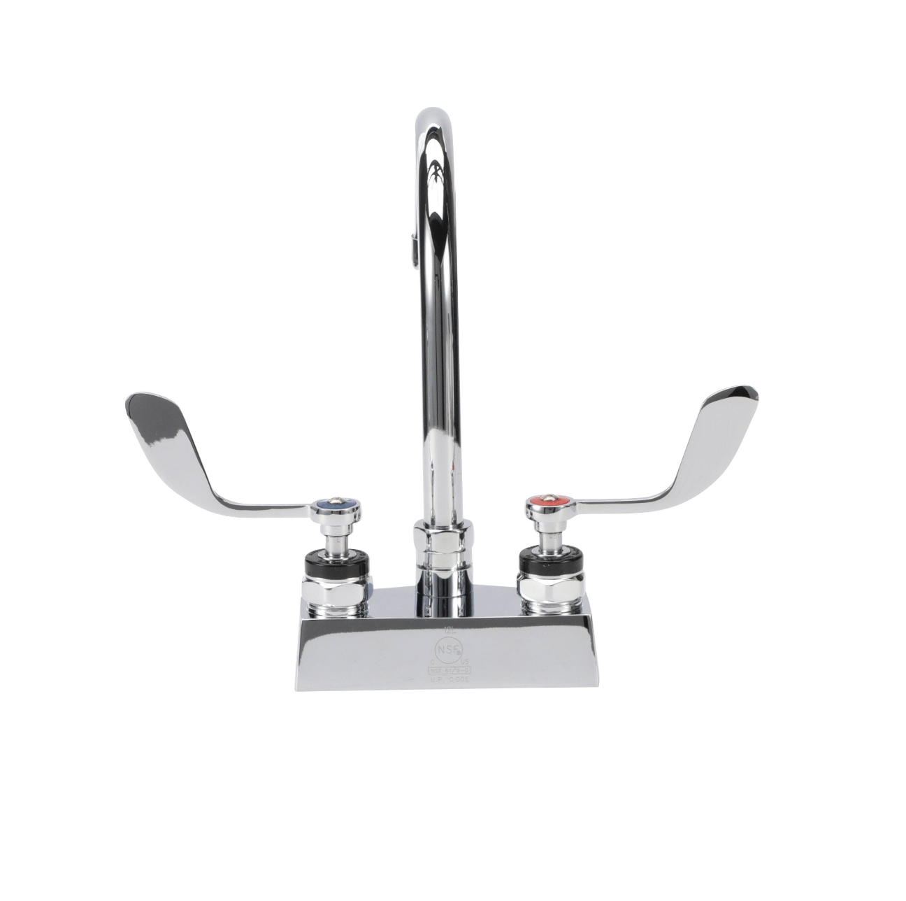 Encore® Brass Chrome Plated 4" OC Deck Mount Faucet Ceramic Valves with 6" Swivel Gooseneck Spout 4" Wrist Blade Handles