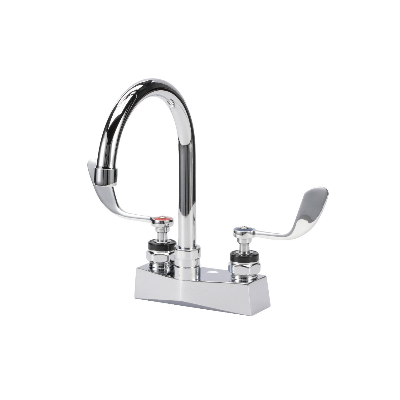 Encore® Brass Chrome Plated 4" OC Deck Mount Faucet Ceramic Valves with 6" Swivel Gooseneck Spout 4" Wrist Blade Handles