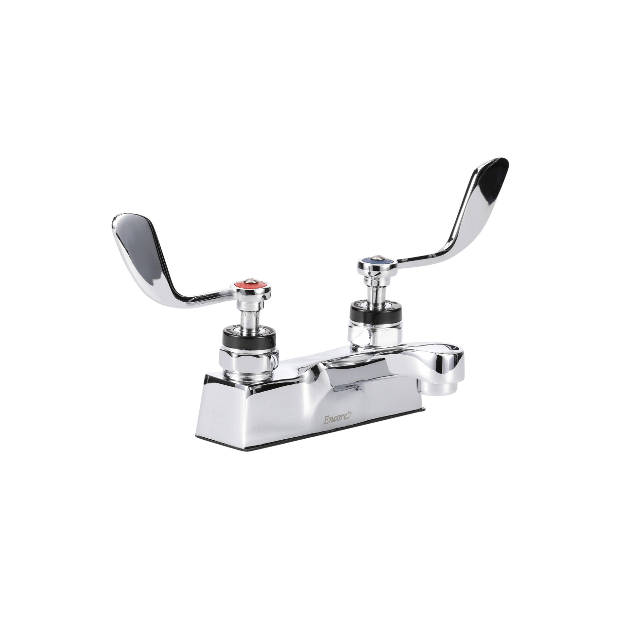 Encore® Brass Chrome Plated 4" OC Centerset Deck Mount Faucet Ceramic Valves with 4" Cast Spout Spout 4" Wrist Blade Handles
