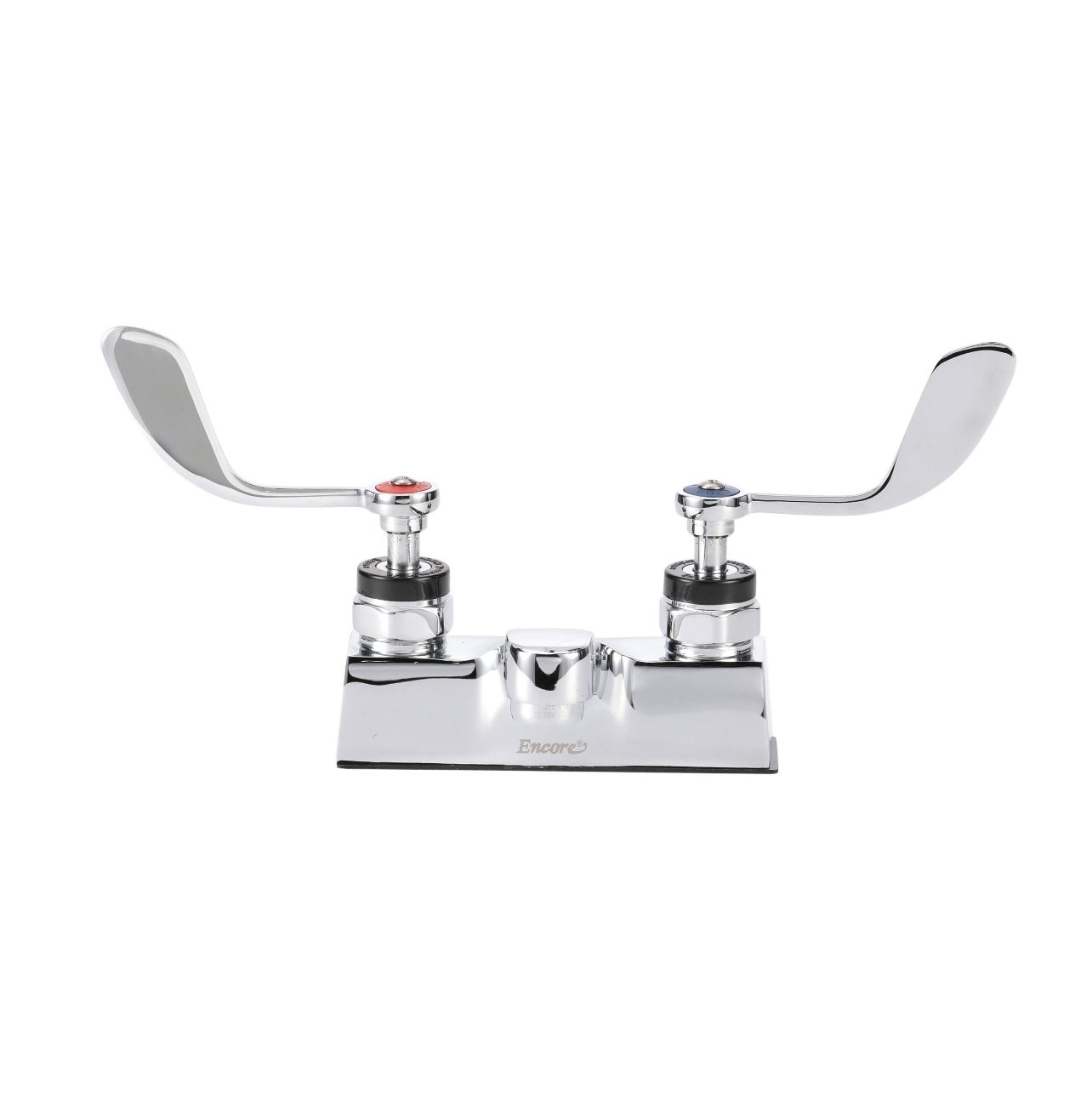 Encore® Brass Chrome Plated 4" OC Centerset Deck Mount Faucet Ceramic Valves with 4" Cast Spout Spout 4" Wrist Blade Handles