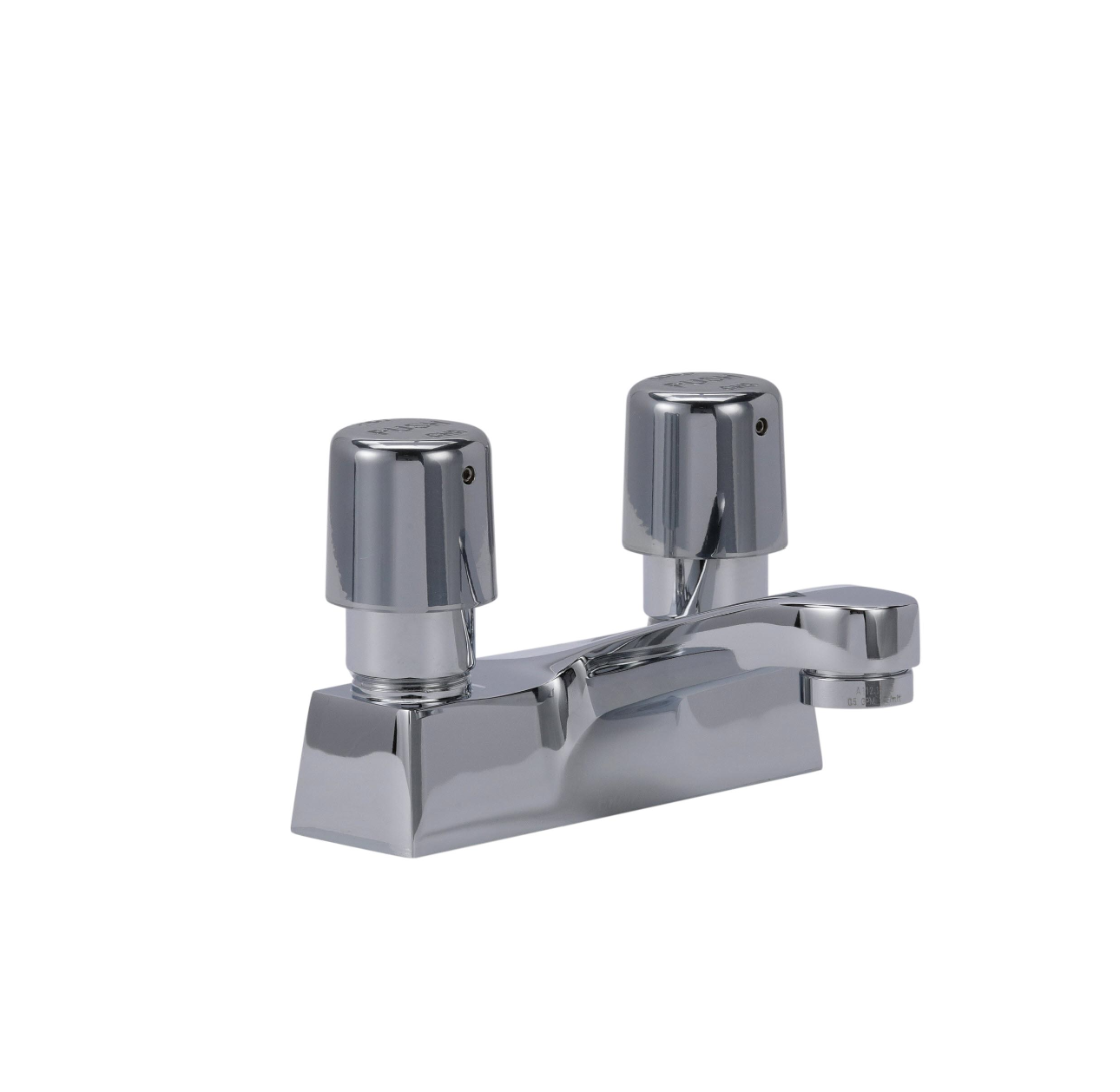 Encore® Brass Chrome Plated 4" OC Centerset Deck Mount Faucet Metering Valves 0.5 gpm Vandal Resistant with 4" Cast Spout Spout
