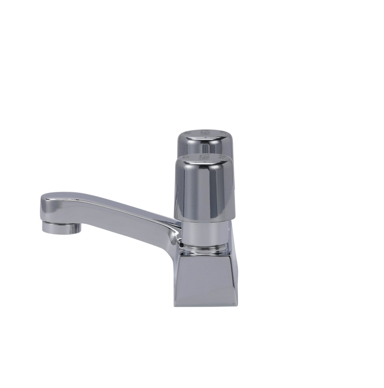 Encore® Brass Chrome Plated 4" OC Centerset Deck Mount Faucet Metering Valves 0.5 gpm Vandal Resistant with 4" Cast Spout Spout