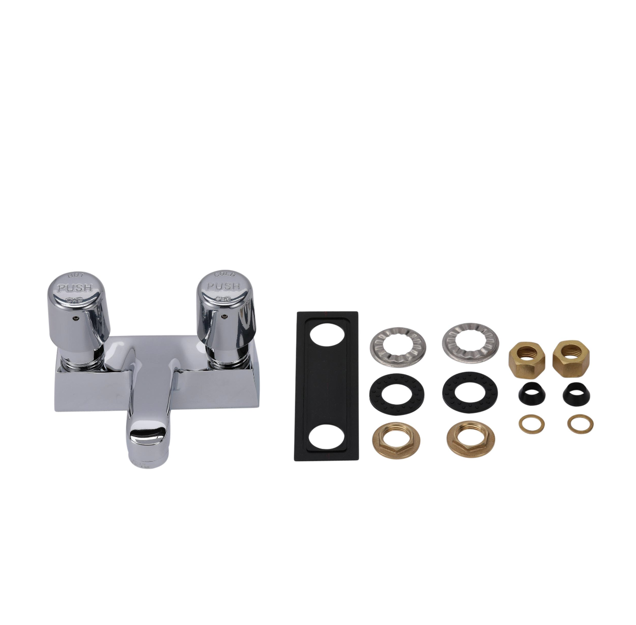 Encore® Brass Chrome Plated 4" OC Centerset Deck Mount Faucet Metering Valves 0.5 gpm Vandal Resistant with 4" Cast Spout Spout