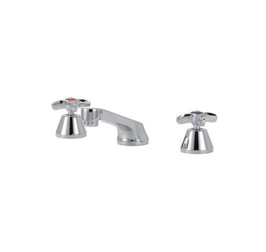 Encore® Adjustable Widespread Deck Mount Faucet Ceramic Valves POP Up Hole with 5" Cast Spout and Cross Handles
