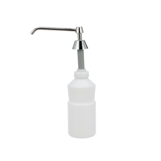 Encore® Soap Dispenser, Manual, 32 oz. Capacity, 3-1/2" x 15" x 7-7/16", White Polyethylene Bottle, Chrome Plated Brass Spout, Pump & Spout, Vandal Resistant, SANIGUARD® Antimicrobial Product Protection