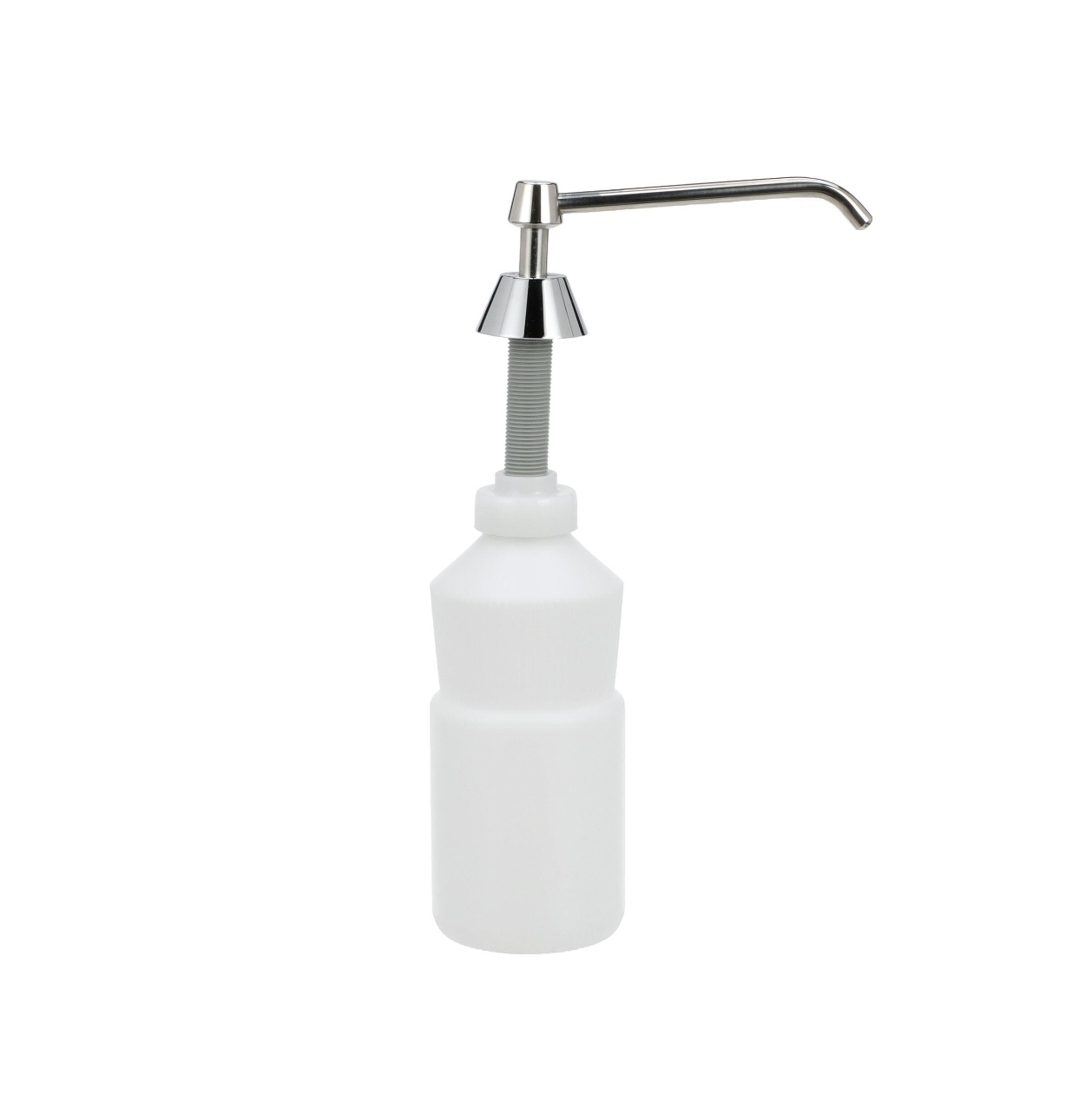 Encore® Soap Dispenser, Manual, 32 oz. Capacity, 3-1/2" x 15" x 7-7/16", White Polyethylene Bottle, Chrome Plated Brass Spout, Pump & Spout, Vandal Resistant, SANIGUARD® Antimicrobial Product Protection