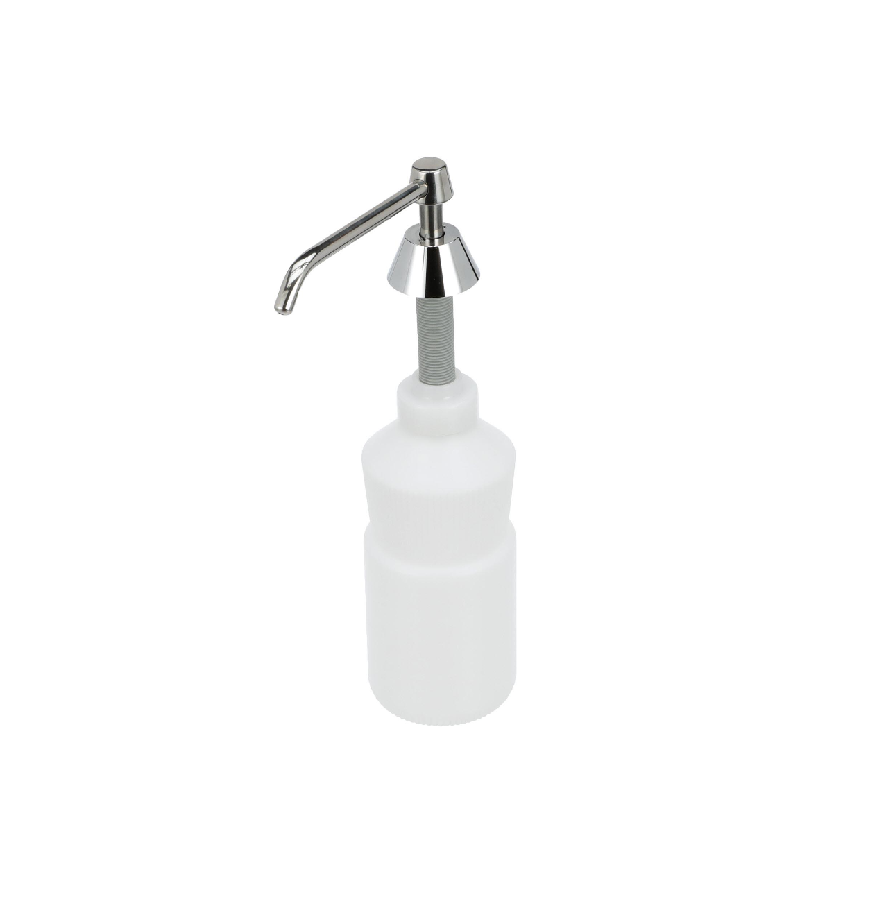 Encore® Soap Dispenser, Manual, 32 oz. Capacity, 3-1/2" x 15" x 7-7/16", White Polyethylene Bottle, Chrome Plated Brass Spout, Pump & Spout, Vandal Resistant, SANIGUARD® Antimicrobial Product Protection